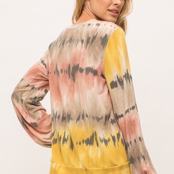 MYSTREE Boho Tie-Dye Long Sleeve Sweatshirt, Multicolor Pink Tan Yellow Pullover - Picture 6 of 8